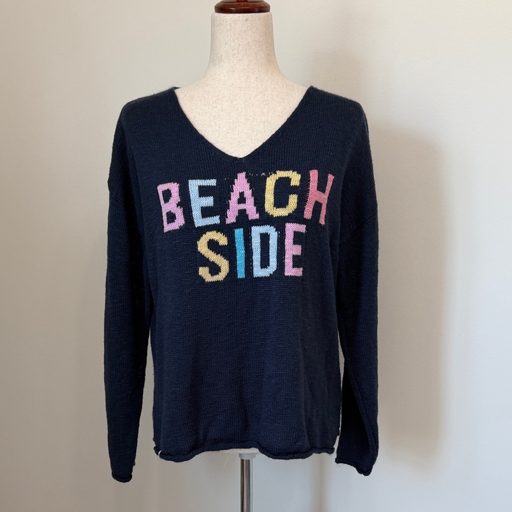 Simply Southern Navy V-Neck Sweater with Pastel 'BEACHSIDE' Lettering